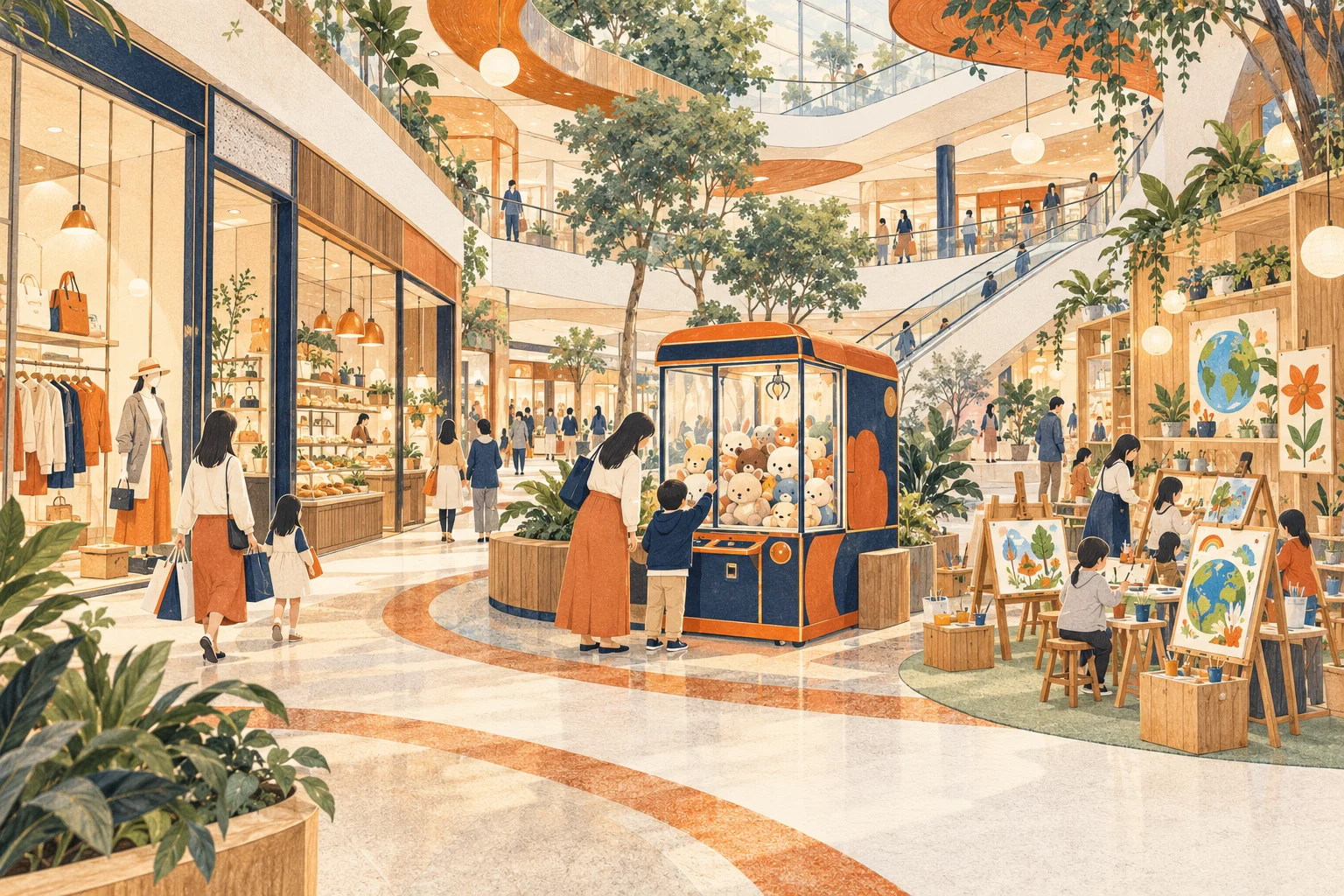AI 概念插画:社区商业空间内的商品零售、娃娃机互动与亲子艺术体验,非松瑞天虹现场实拍